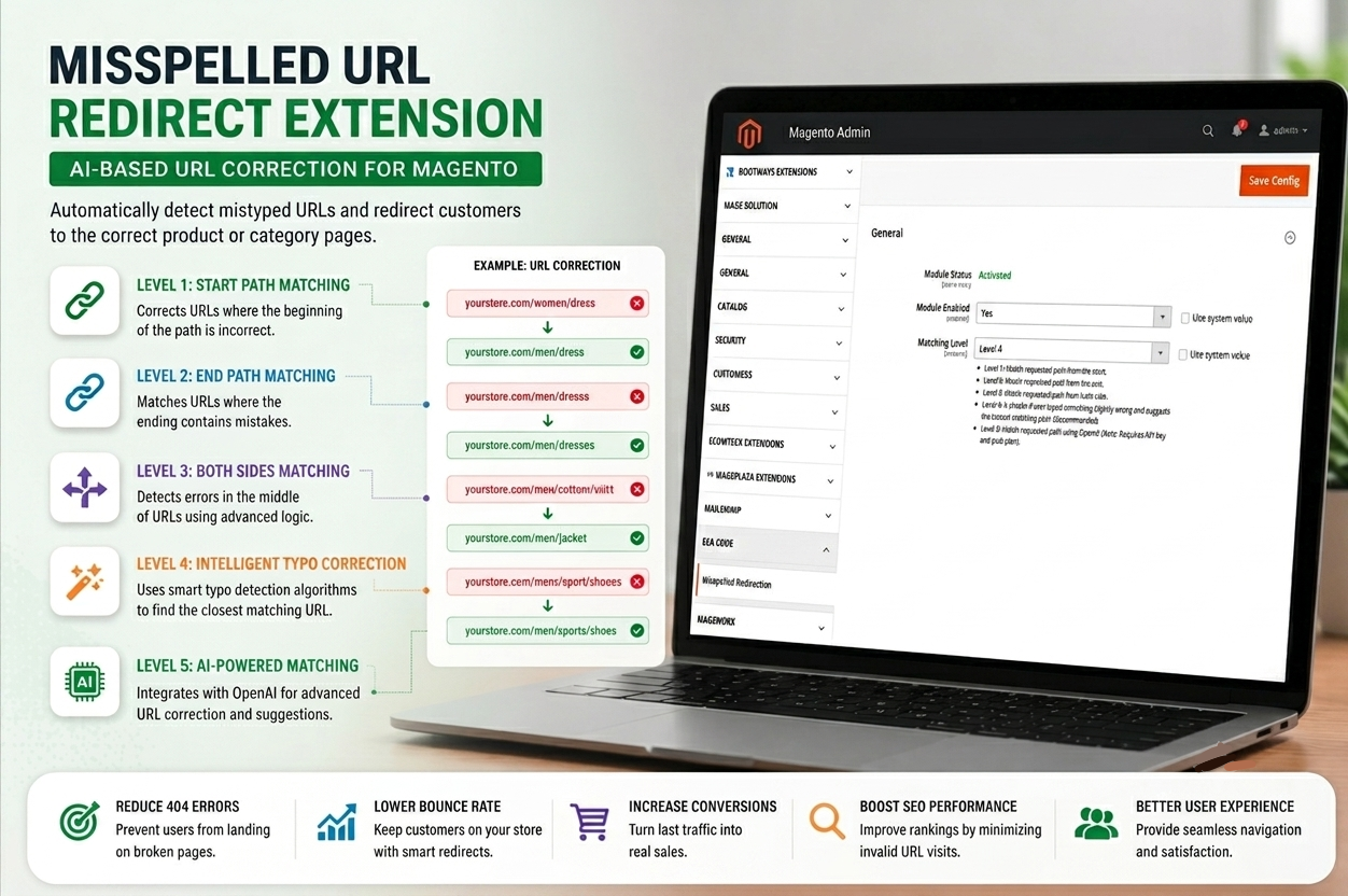 Misspelled URL Redirect Extension Magento Dashboard