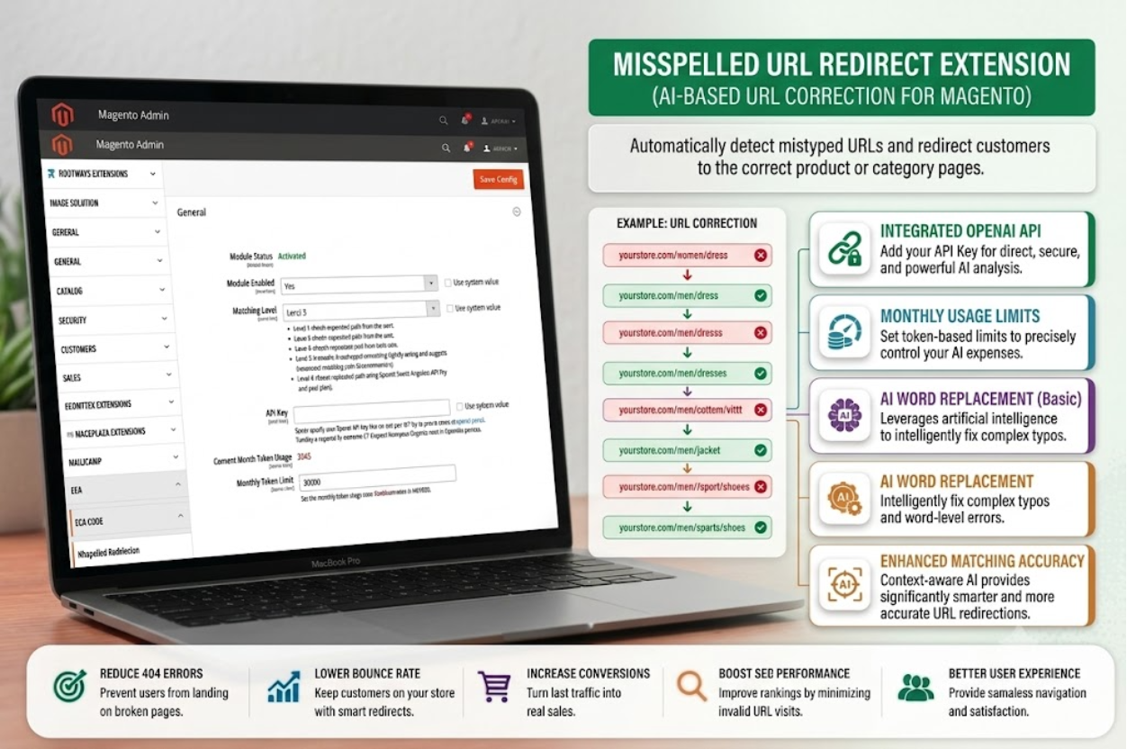 Misspelled URL Redirect Extension Magento Dashboard