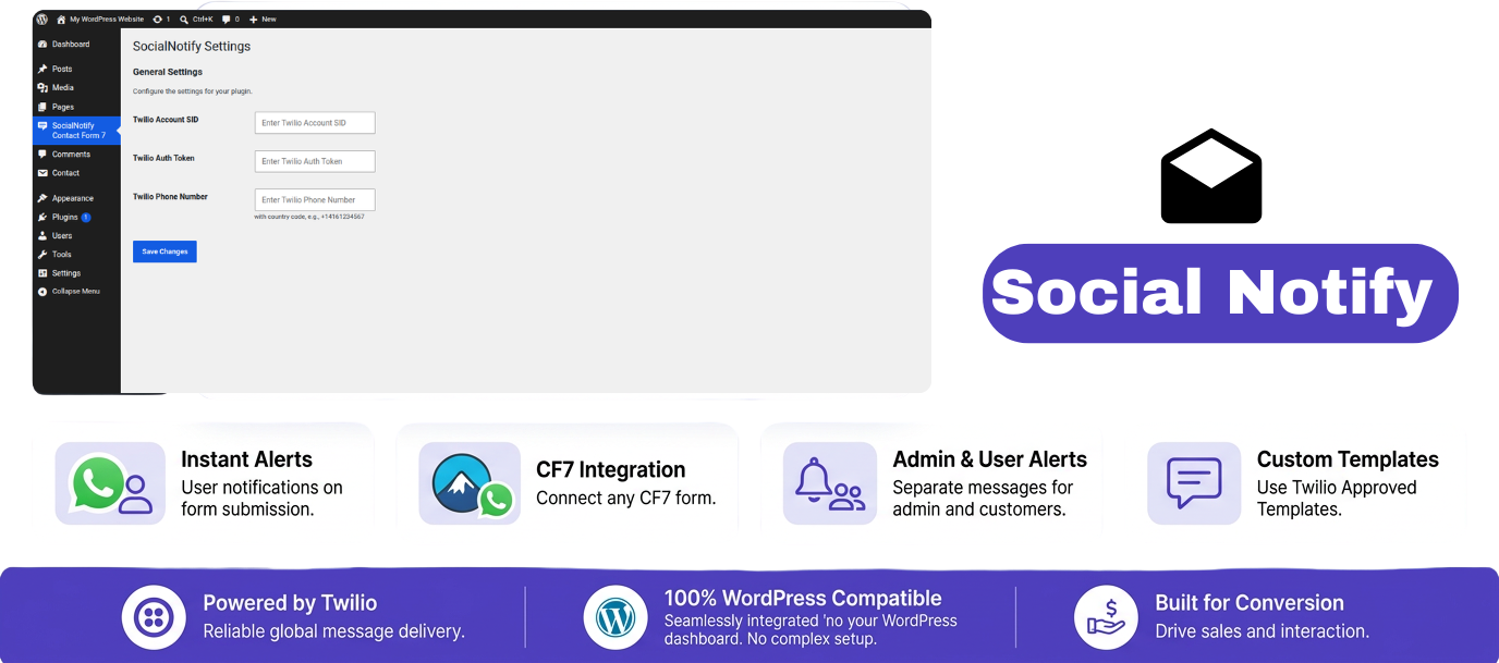 SocialNotify Whatsapp CF7 WordPress Plugin Dashboard