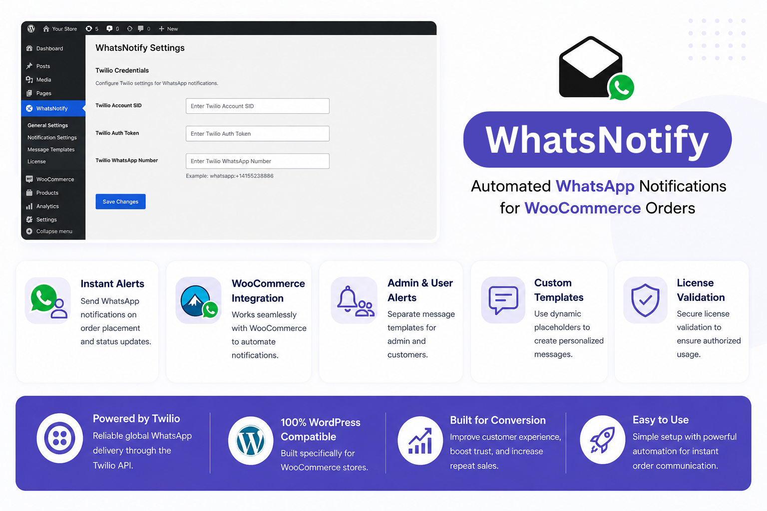 WhatsApp Notifications WooCommerce plugin dashboard